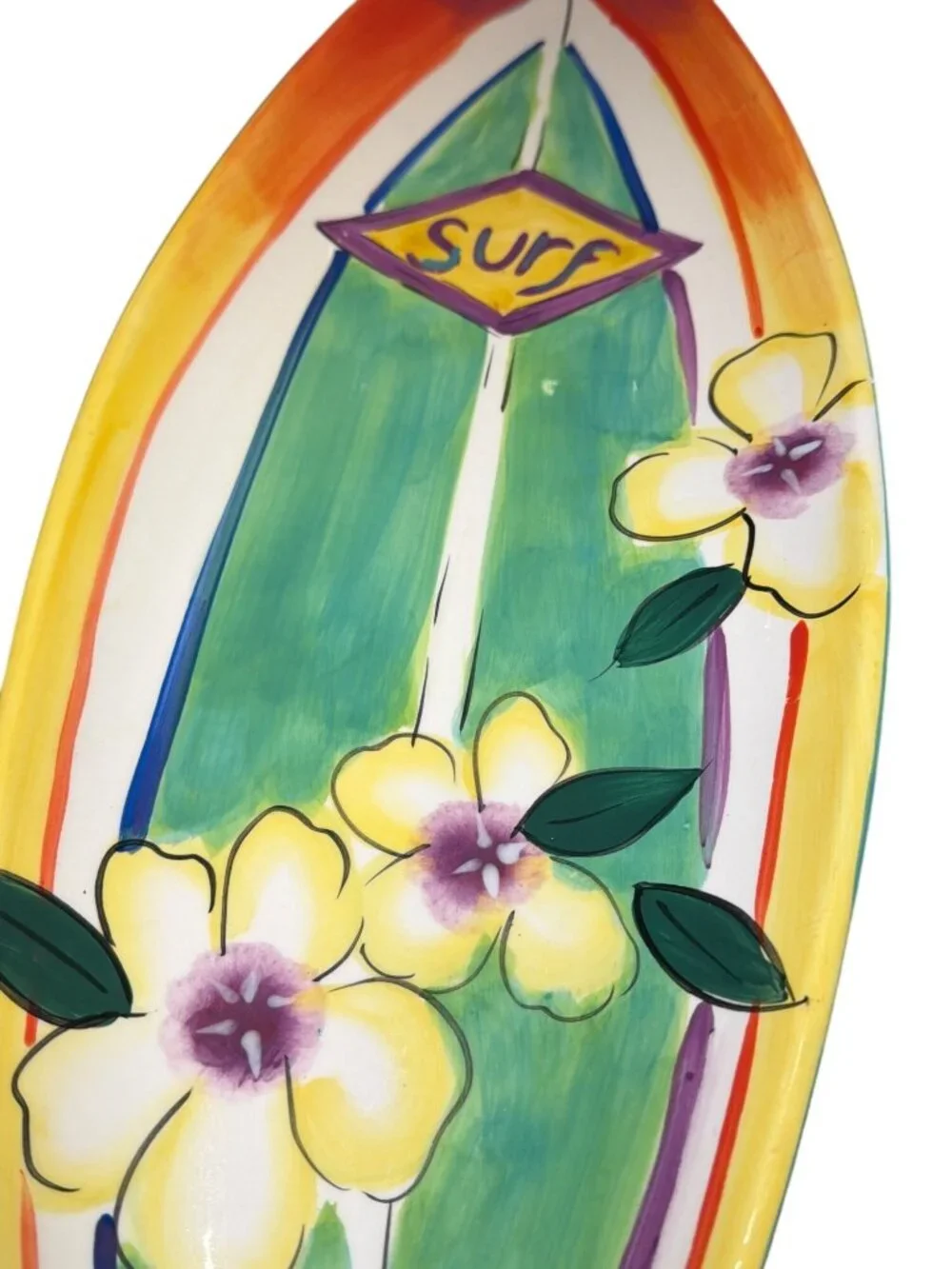 Clay Art Surfs Up Hand-Painted Surfboard Platter StoneLite Ceramic 19